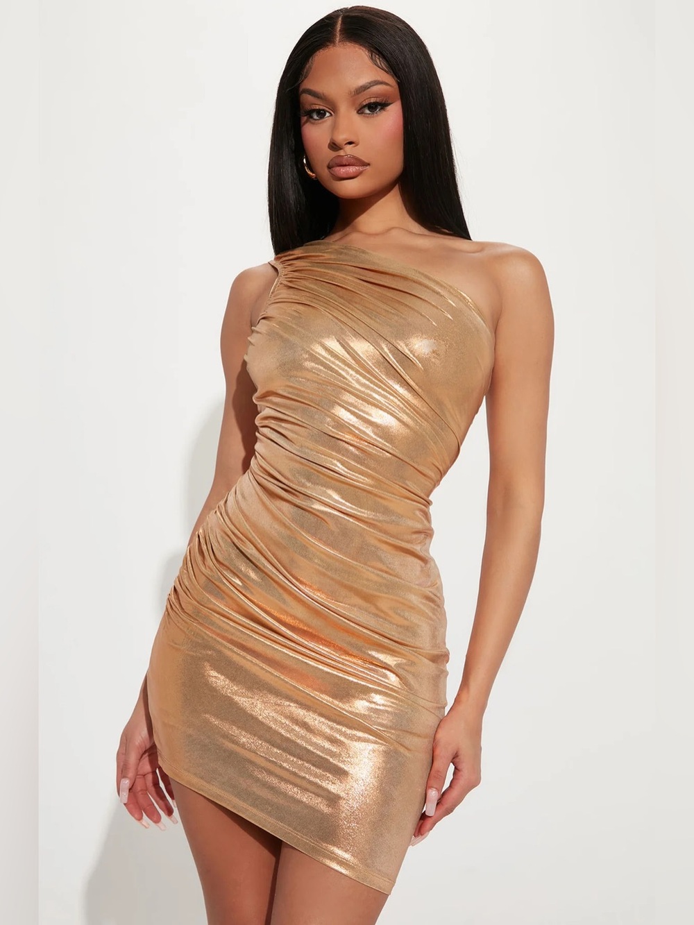 Fashion Nova One-Shoulder Metallic Gold Ruched Mini Dress